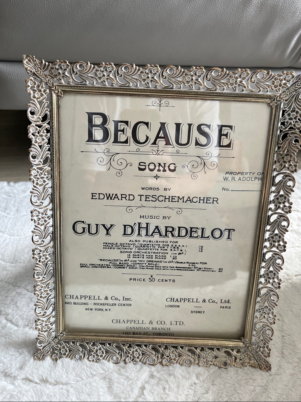 Vintage Framed 'Because' Sheet Music Chappell & Co NY Art Deco Era 9x12